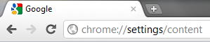 Screenshot showing the Google Chrome addres bar pointing to the Chrome settings screen.